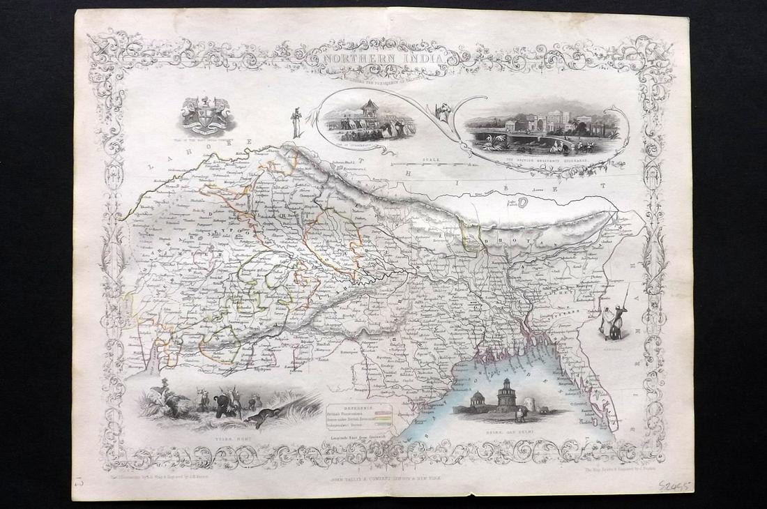 Tallis, John (Pub) 1852 Map. Northern India: Steel Engraved Map with Original Outline Hand Color Published 1852-56 by John Tallis, London for "The Universal Pronouncing Dictionary" by Thomas Wright. Drawn & Engraved by John Rapkin. Centre fold a