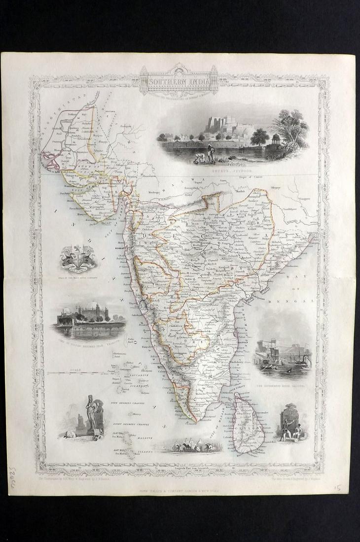 Tallis, John (Pub) 1852 Map. Southern India: Steel Engraved Map with Original Outline Hand Color Published 1852-56 by John Tallis, London for "The Universal Pronouncing Dictionary" by Thomas Wright. Drawn & Engraved by John Rapkin. Centre fold a