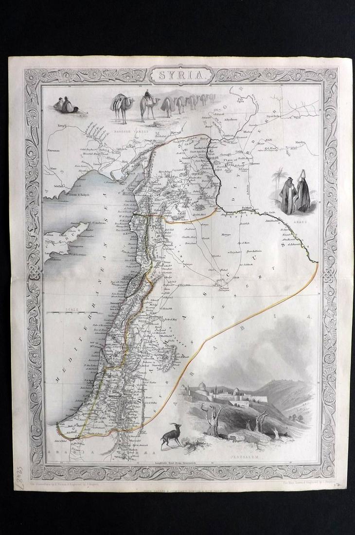 Tallis, John (Pub) 1852 Map. Syria: Steel Engraved Map with Original Outline Hand Color Published 1852-56 by John Tallis, London for "The Universal Pronouncing Dictionary" by Thomas Wright. Drawn & Engraved by John Rapkin. Centre fold a