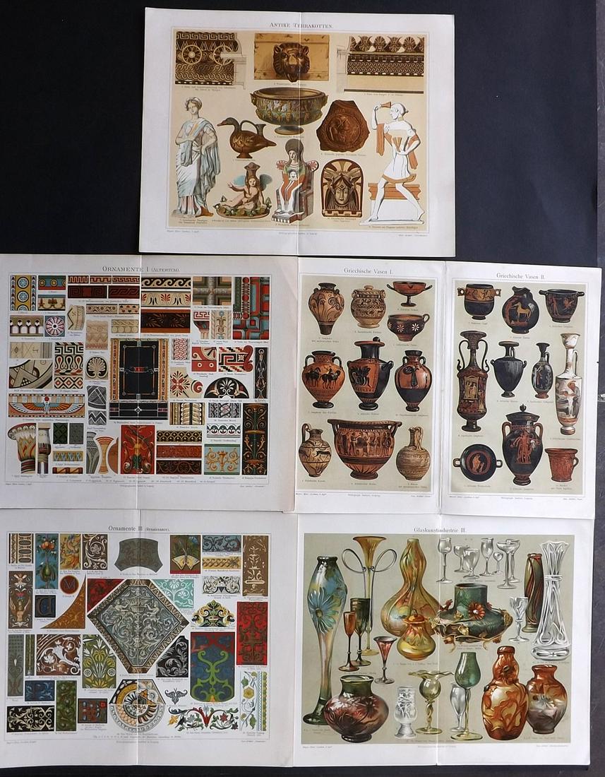Meyer, Joseph 1890s Lot 5 Prints. Vases, Ornamental Art: Chromolithographs Published 1893-97, Leipzig for "Meyers Konversations-Lexikon" by Joseph Meyer et al. Paper Size: 10 x 6 inch (25 x 16cm) Good Condition