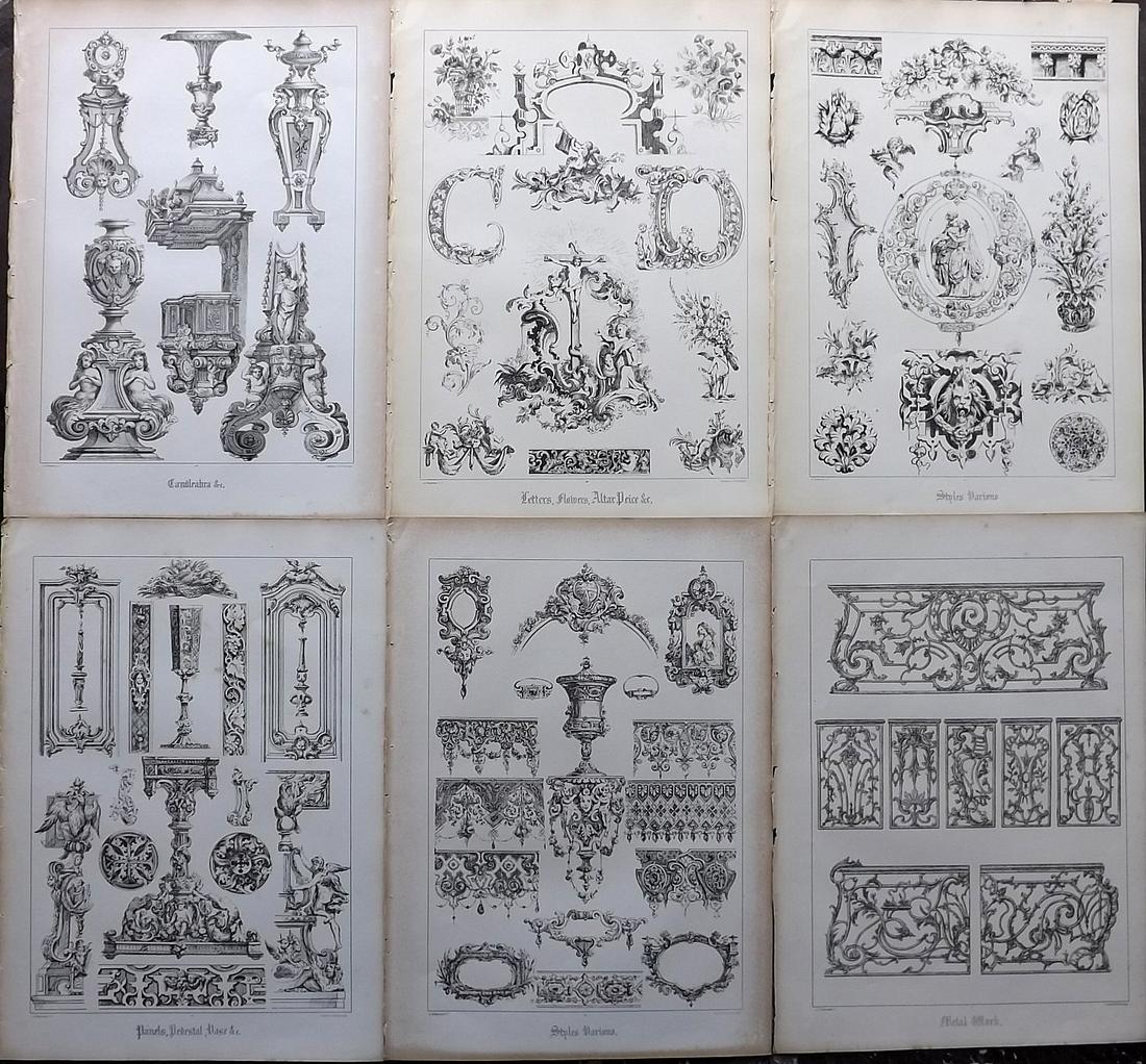Scott, W. N. 1850 Lot of 6 Large Prints. Ornamental Art: Folio Lithographs Published 1850, Edinburgh & London for "Ornamental Designs for Brass, Iron, and Glass Work, Earthenware, &c" by W. B. Scott. Paper Size: 15 x 10.5 inch (38 x 27cm) Good Condition ove