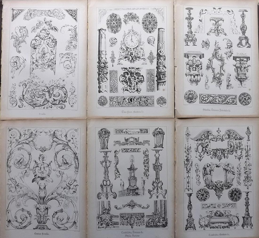 Scott, W. N. 1850 Lot of 6 Large Prints. Ornamental Art: Folio Lithographs Published 1850, Edinburgh & London for "Ornamental Designs for Brass, Iron, and Glass Work, Earthenware, &c" by W. B. Scott. Paper Size: 15 x 10.5 inch (38 x 27cm) Good Condition ove