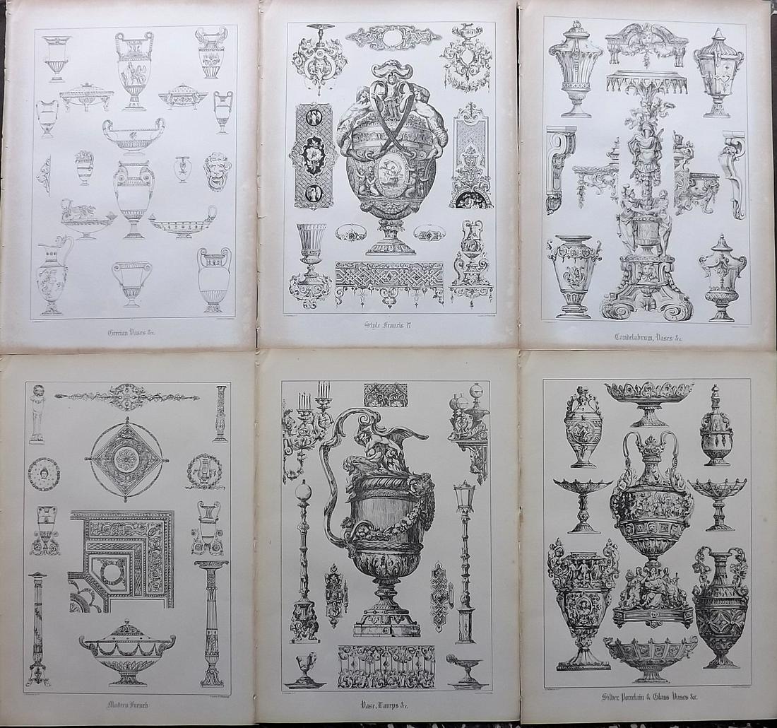 Scott, W. N. 1850 Lot of 6 Large Prints. Vases etc: Folio Lithographs Published 1850, Edinburgh & London for "Ornamental Designs for Brass, Iron, and Glass Work, Earthenware, &c" by W. B. Scott. Paper Size: 15 x 10.5 inch (38 x 27cm) Good Condition ove
