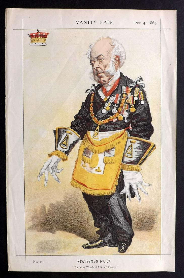 Vanity Fair Print 1869 Earl of Zetland, Freemason: Chromolithograph Published 1869-1914, London for "Vanity Fair" With accompanying biographical text. Paper Size: 15 x 10 inch (38 x 25cm) Good Condition