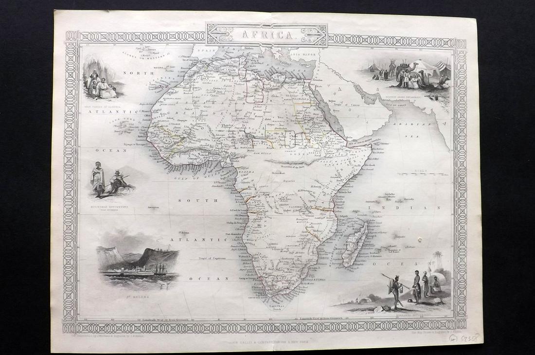 Tallis, John (Pub) 1852 Map. Africa Continent: Steel Engraved Map with Original Outline Hand Color Published 1852-56 by John Tallis, London for "The Universal Pronouncing Dictionary" by Thomas Wright. Drawn & Engraved by John Rapkin. Centre fold a