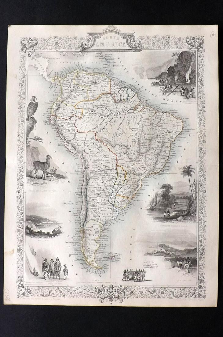 Tallis, John (Pub) 1852 Map. South America: Steel Engraved Map with Original Outline Hand Color Published 1852-56 by John Tallis, London for "The Universal Pronouncing Dictionary" by Thomas Wright. Drawn & Engraved by John Rapkin. Centre fold a