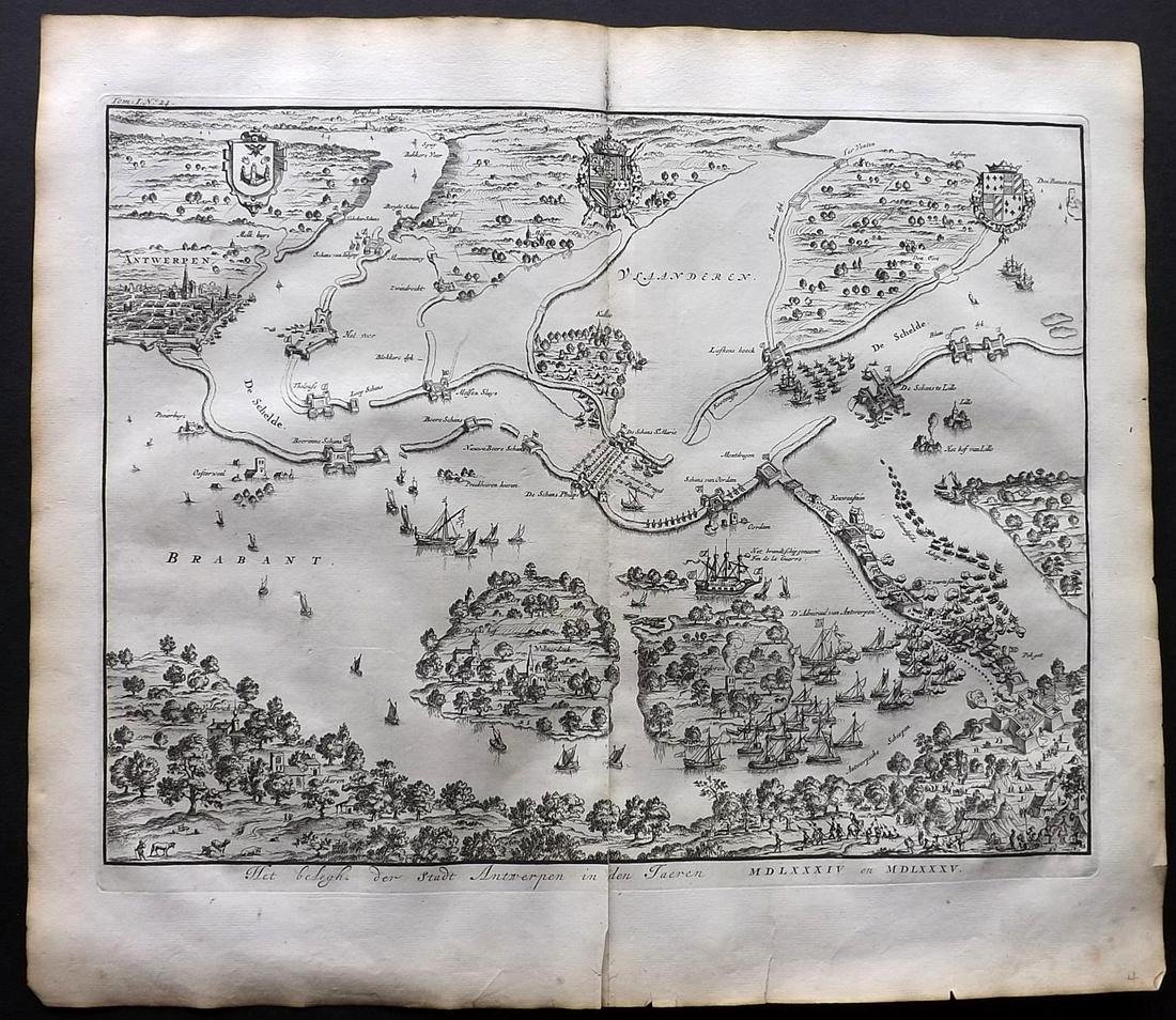 Le Clerc, Jean 1730 Map. Antwerp, Belgium. Ships: "Het belegh der Stadt Antwerpen in den Taeren" Copper Engraved Map Published 1730, Amsterdam for "Geschiedenissen der vereenigde Nederlanden" by Jean Le Clerc. Centre fold as published. Paper Size: 16