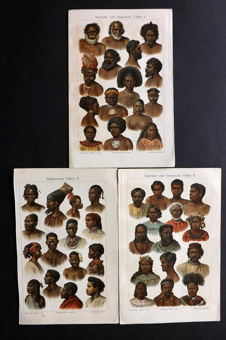 Meyer, Joseph 1890s Lot of 3 Prints. Australia Africa: Chromolithographs Published 1893-97, Leipzig for "Meyers Konversations-Lexikon" by Joseph Meyer et al. Paper Size: 10 x 6 inch (25 x 16cm) Good Condition