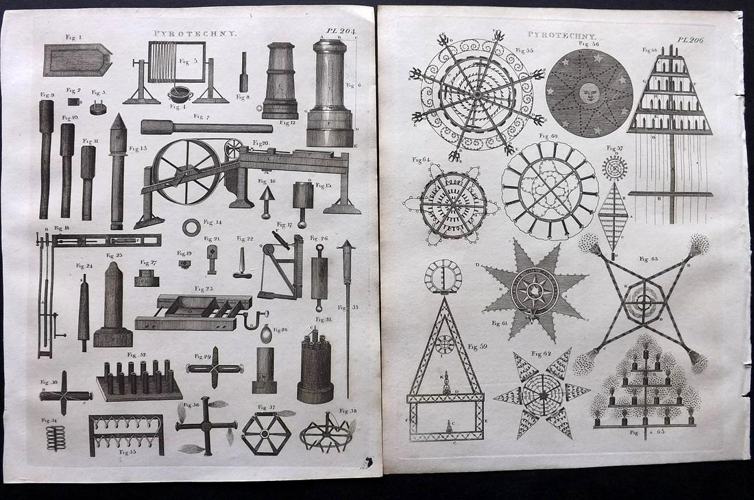 Russell, S. (Pub) 1806 Pair Prints Pyrotechny Fireworks: Copper Plates Published 1806, Manchester for "The British Encyclopaedia" by Various. Paper Size: 10 x 8 inch (26 x 21cm)