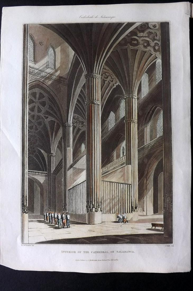 Bradford, William 1809 Folio HC Print. Salamanca, Spain: "Interior of the Cathedral at Salamanca" Folio Hand Colored Aquatint Published 1809, London for "Sketches of the Country, Character, and Costume in Portugal and Spain..." by Rev. William Bradford. Pap