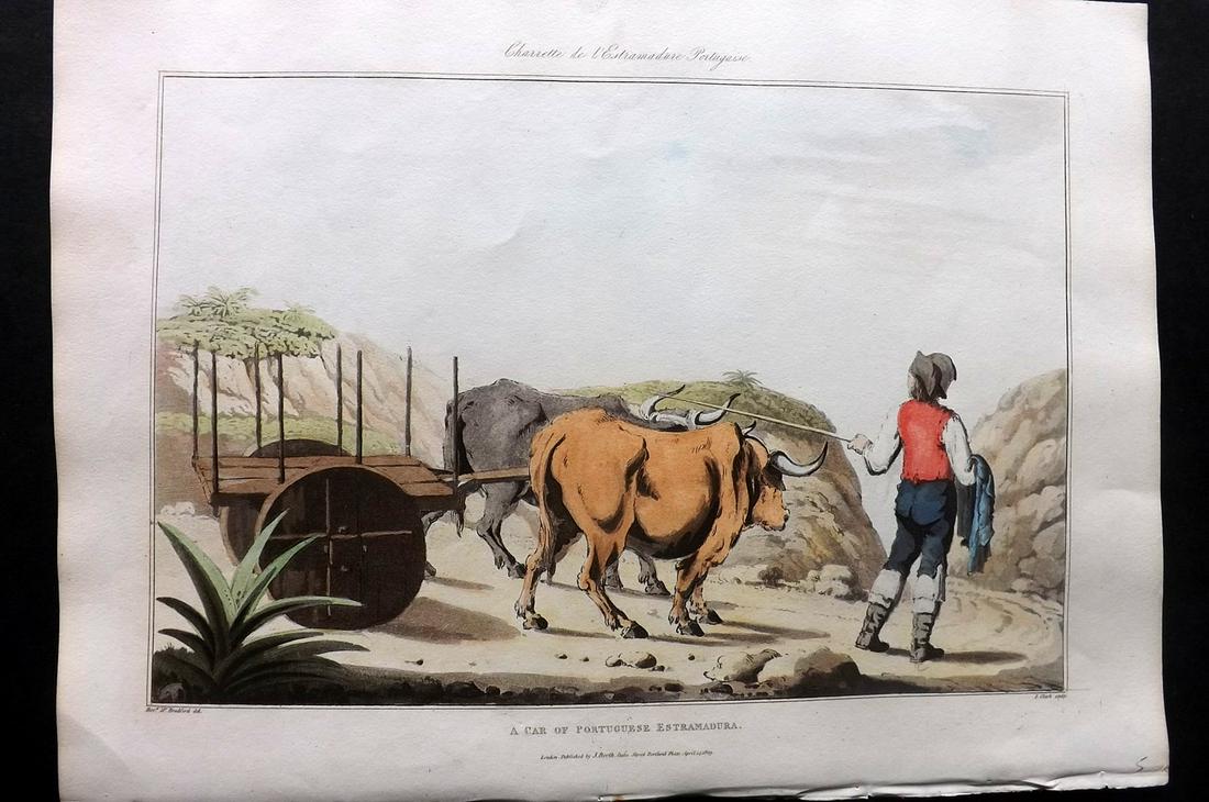 Bradford, William 1809 HC Print. Portugese Estramadura: Folio Hand Colored Aquatint Published 1809, London for "Sketches of the Country, Character, and Costume in Portugal and Spain..." by Rev. William Bradford. Paper Size: 14.5 x 10.5 inch (37 x 27cm) Goo