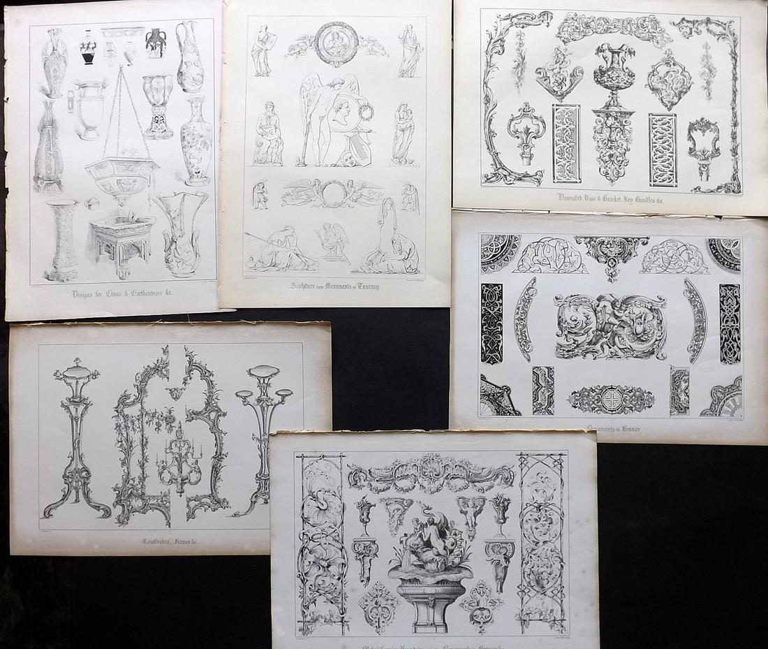 Scott, W. N. 1850 Lot of 6 Large Prints. Ornamental Art: Folio Lithographs Published 1850, Edinburgh & London for "Ornamental Designs for Brass, Iron, and Glass Work, Earthenware, &c" by W. B. Scott. Paper Size: 15 x 10.5 inch (38 x 27cm) Minor toning in pa