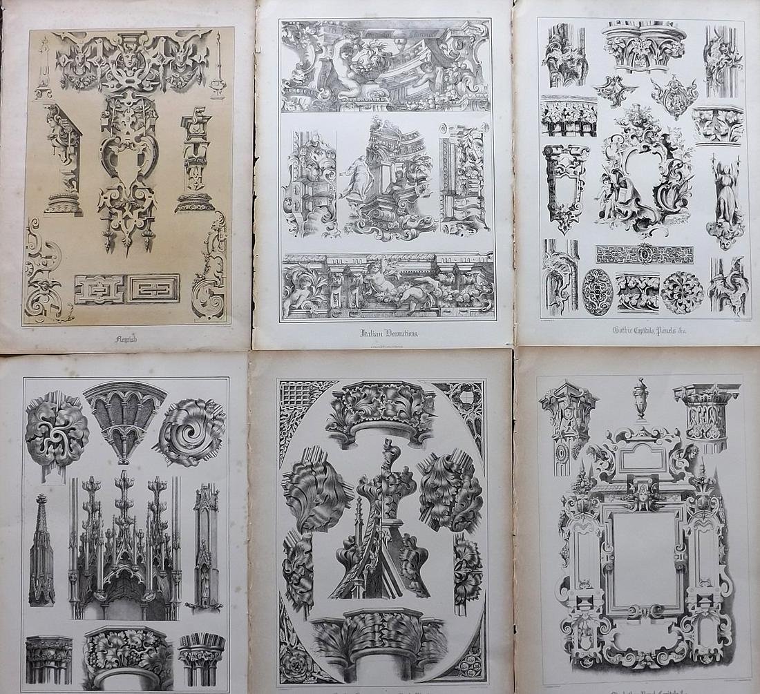 Scott, W. N. 1850 Lot of 6 Large Prints. Ornamental Art: Folio Lithographs Published 1850, Edinburgh & London for "Ornamental Designs for Brass, Iron, and Glass Work, Earthenware, &c" by W. B. Scott. Paper Size: 15 x 10.5 inch (38 x 27cm) Minor toning in pa