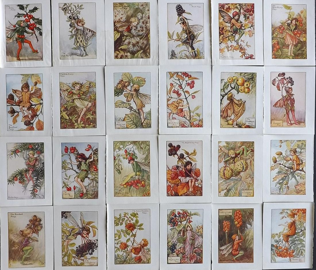 Barker, Cicely Mary C1940 Lot of 24 Flower-Fairy Prints: Lithographs Published C1935-45 by Blackie & Son, London & Glasgow for the "Flower-Fairies" Series by Cicely Mary Barker. Reverse side blank. Paper Size: 5.5 x 4 inch (14 x 10cm) Several with pen scrib