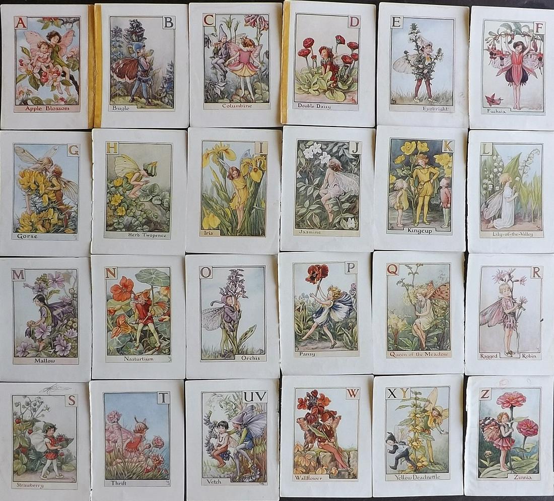 Barker, Cicely C1940 Lot of 24 Flower-Fairy - Alphabet: Lithographs Published C1935-45 by Blackie & Son, London & Glasgow for the "Flower-Fairies" Series by Cicely Mary Barker. Reverse side blank. Paper Size: 5.5 x 4 inch (14 x 10cm) Some margin faults, im