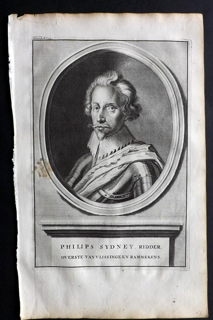 Le Clerc, Jean 1730 Folio Portrait. Philip Sidney, Poet (1 of 2)