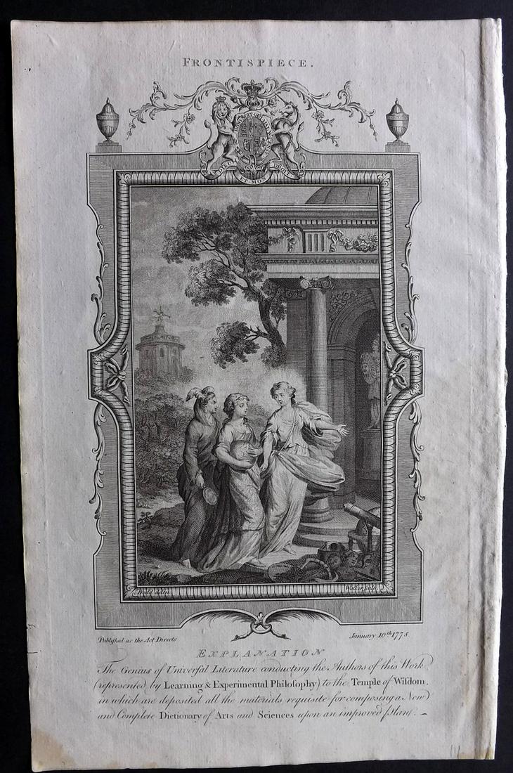 Middleton, Erasmus 1778 Folio Print. Classical Frontis.: Folio Copper Plate Published 1778, London for "The New Complete Dictionary of Arts and Sciences" by the Rev. Erasmus Middleton and others. Paper Size: 13.75 x 8.5 inch (35 x 22cm) Good Condition
