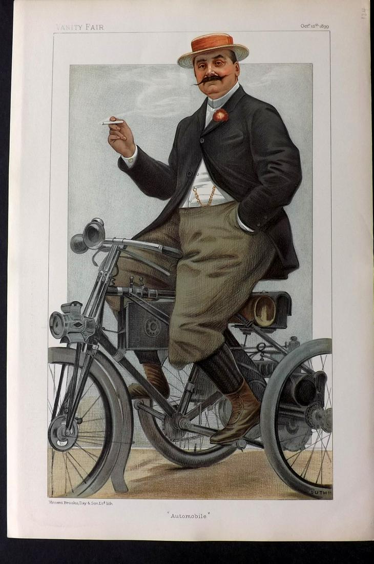 Vanity Fair Print 1899 Comte de Dion, Automobile: Chromolithograph Published 1869-1914, London for "Vanity Fair" Paper Size: 15 x 10 inch (38 x 25cm) Good Condition