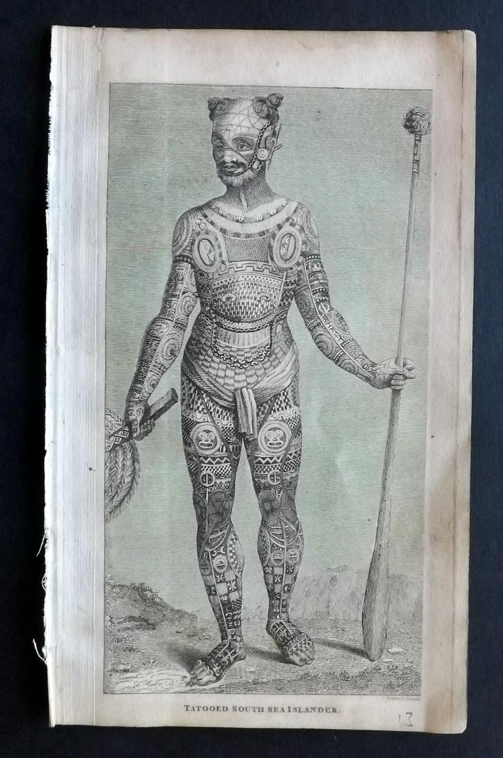 Shaw, Simeon 1823 Print. Tatooed South Sea Islander: Copper Plate Published 1823, London for "Nature Displayed in the Heavens, and on the Earth" by Simeon Shaw. Paper Size: 8 x 4.5 inch (20 x 12cm) Very minor toning. Neatly, backed with contemporary pap