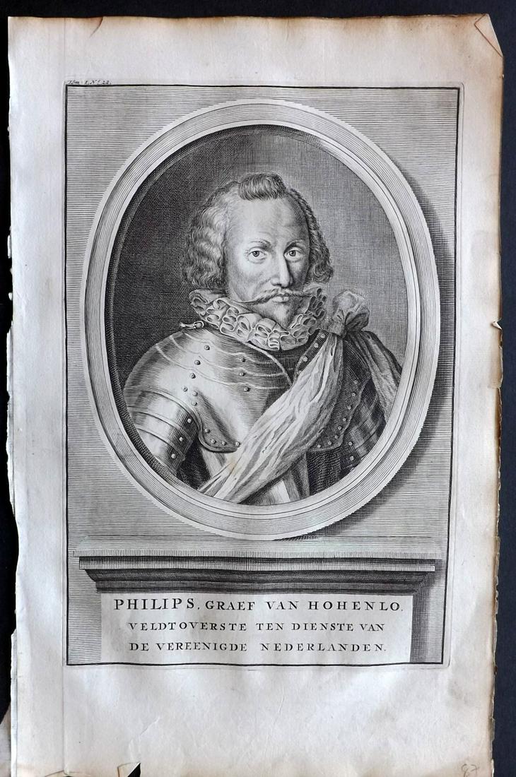 Le Clerc, Jean 1730 Portrait. Philip Graf von Hohenloh: Copper Plate Published 1730, Amsterdam for "Geschiedenissen der vereenigde Nederlanden" by Jean Le Clerc. Paper Size: 13.5 x 8.5 inch (34 x 22cm) Small bottom margin tear. Good Condition
