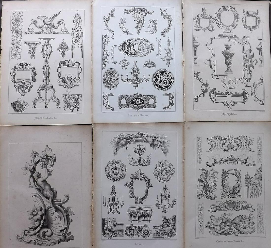 Scott, W. N. 1850 Lot of 6 Large Prints. Ornamental Art: Folio Lithographs Published 1850, Edinburgh & London for "Ornamental Designs for Brass, Iron, and Glass Work, Earthenware, &c" by W. B. Scott. Paper Size: 15 x 10.5 inch (38 x 27cm) Minor toning in pa