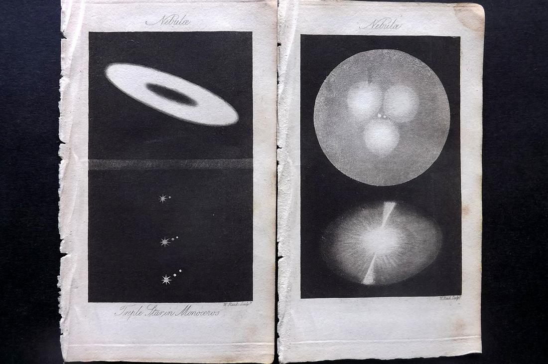 Phillips, Richard 1822 Pair of Astronomy Prints Nebulae: Aquatints Published 1822, London for "The Wonders of the Heavens Displayed, in Twenty Lectures" by Richard Phillips. Paper Size: 7 x 4 inch (18 x 10cm) Very minor margin staining. Good Condition