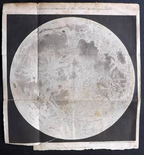 Phillips, Richard 1822 Astronomy Print. The Moon: Aquatint Published 1822, London for "The Wonders of the Heavens Displayed, in Twenty Lectures" by Richard Phillips. Folds as isued. Paper Size: 9.5 x 8.5 inch (24 x 22cm) Very minor margin toning,