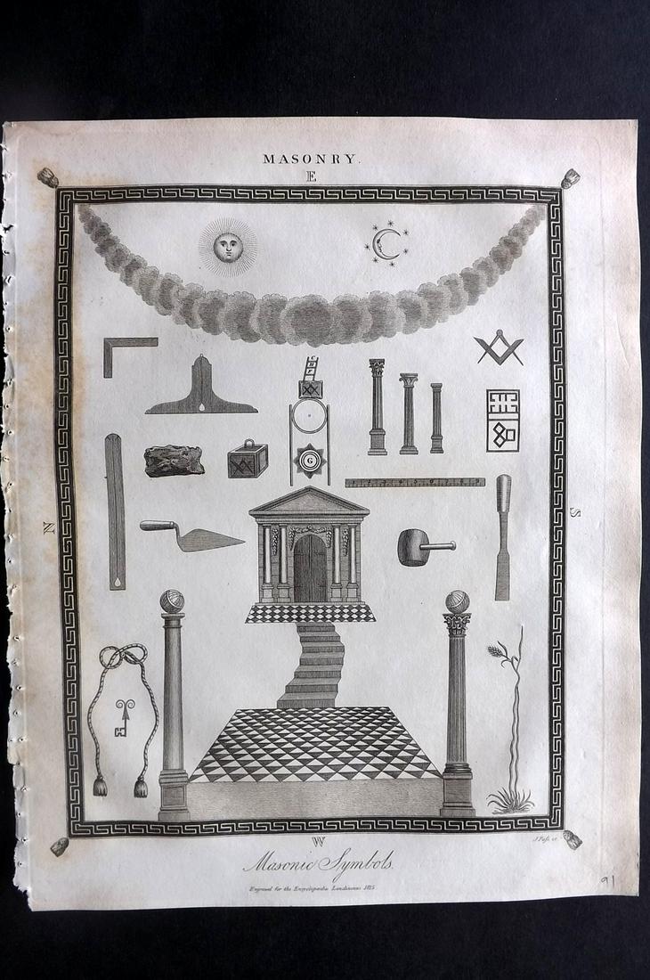 Wilkes, John C1815 Print. Freemason Masonry Masonic: "Masonic Symbols" Copper Plate Published 1796-1828 London for "Encyclopaedia Londinensis, or universal dictionary of arts, sciences and literature" by John Wilkes et al. Paper Size: 10.5 x 8.5 inch (2