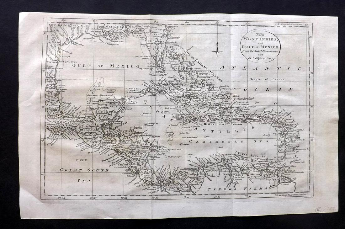Russell, William 1778 Rare Map of The West Indies: "The West Indies and Gulf of Mexico" Copper Engraved Map Published 1778, London for "The History of America, From Its Discovery by Columbus to the Conclusion of the Late War" by William Russell. Engra