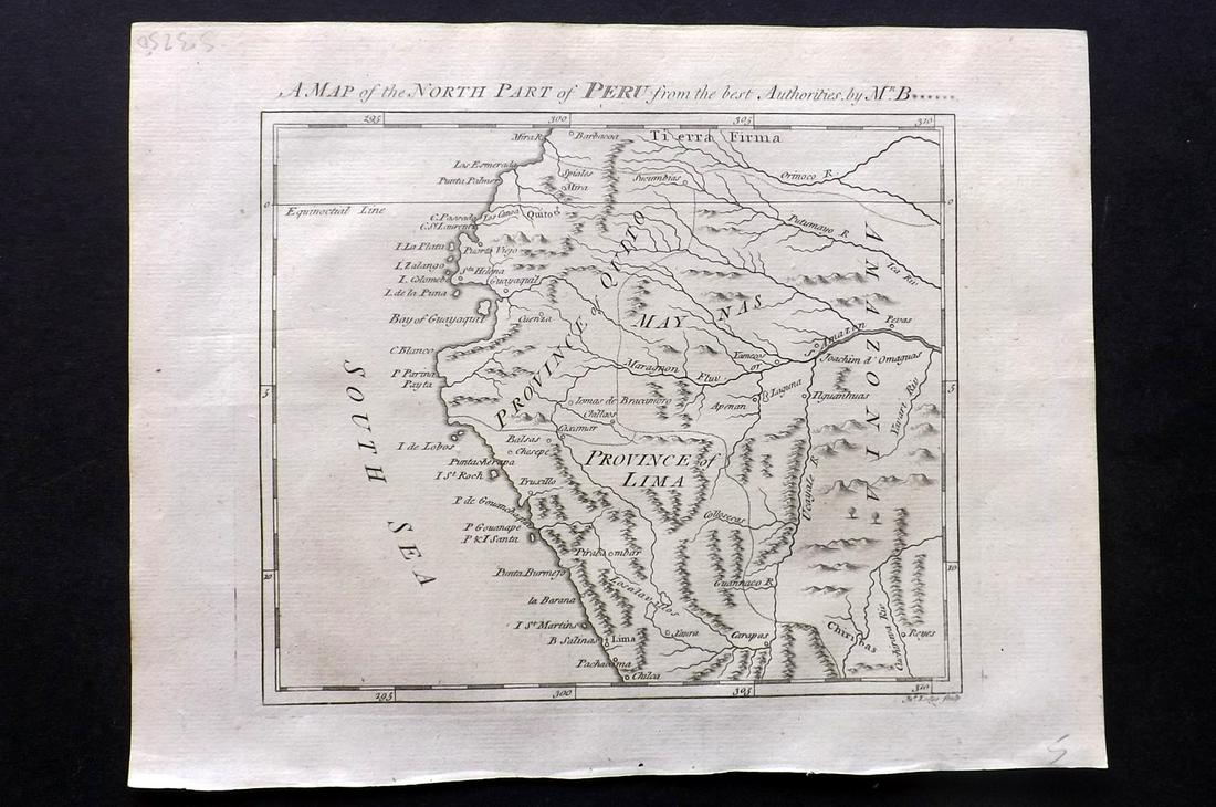 Russell, William 1778 Rare Map. North Part of Peru: Copper Engraved Map Published 1778, London for "The History of America, From Its Discovery by Columbus to the Conclusion of the Late War" by William Russell. Engraved by John Lodge. Rare. Paper Size: 