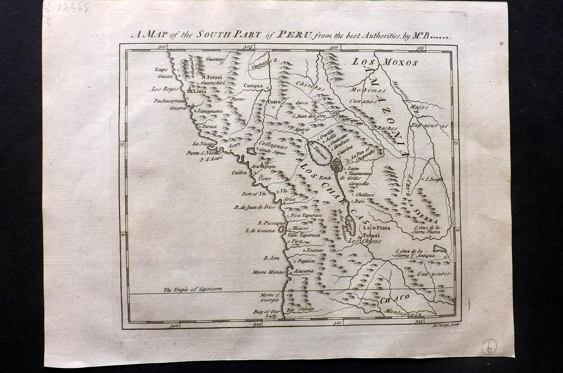 Russell, William 1778 Rare Map. South Part of Peru: Copper Engraved Map Published 1778, London for "The History of America, From Its Discovery by Columbus to the Conclusion of the Late War" by William Russell. Engraved by John Lodge. Rare. Paper Size: 