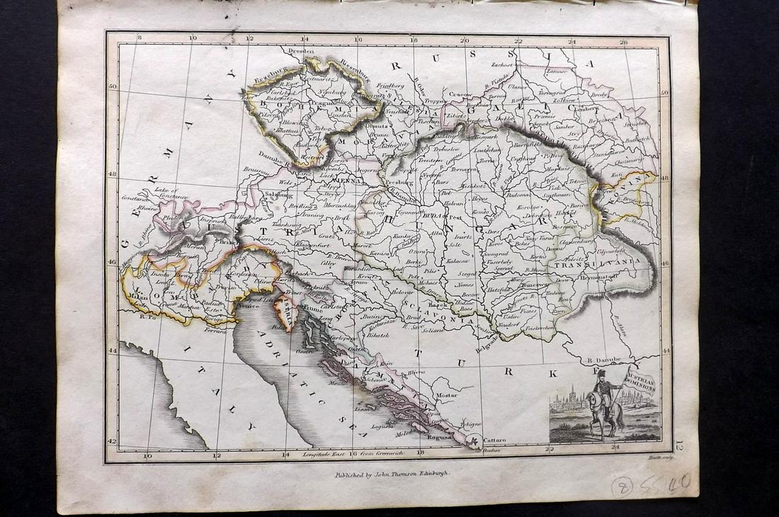 Thomson, John (Pub) 1825 Map. Austrian Dominions: Copper Engraved Map Published 1825 by John Thomson, Edinburgh for "The Edinburgh School Atlas" by N. R. Hewitt. Maps Engraved by Hewitt. Engraved Vignette in corner. Original Outline Hand Colour. Rare