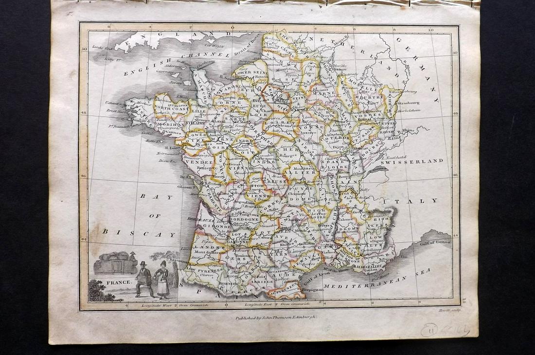 Thomson, John (Pub) 1825 Map. France: Copper Engraved Map Published 1825 by John Thomson, Edinburgh for "The Edinburgh School Atlas" by N. R. Hewitt. Maps Engraved by Hewitt. Engraved Vignette in corner. Original Outline Hand Colour. Rare