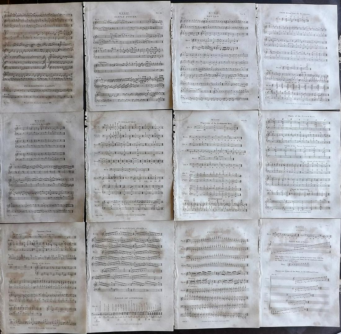 Wilkes, John 1818 Lot of 12 Sheets of Sheet Music: 12 Sheets Printed both sides. Copper Plates Published 1796-1828 London for "Encyclopaedia Londinensis, or universal dictionary of arts, sciences and literature" by John Wilkes et al. Paper Size: 10.5 