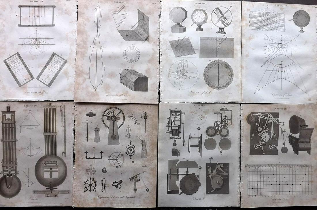 Wilkes, John C1810 Lot of 8 Horology Prints: Copper Plates Published 1796-1828 London for "Encyclopaedia Londinensis, or universal dictionary of arts, sciences and literature" by John Wilkes et al. Paper Size: 10.5 x 8.5 inch (27 x 22cm) Heavy t