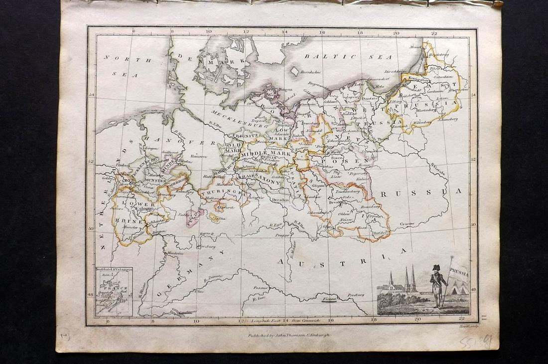 Thomson, John (Pub) 1825 Map. Prussia, Germany: Copper Engraved Map Published 1825 by John Thomson, Edinburgh for "The Edinburgh School Atlas" by N. R. Hewitt. Maps Engraved by Hewitt. Engraved Vignette in corner. Original Outline Hand Colour. Rare