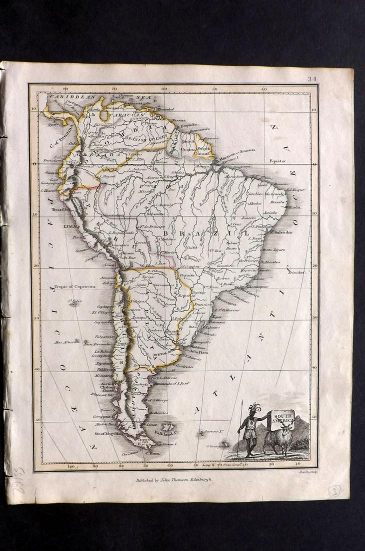 Thomson, John (Pub) 1825 Map. South America: Copper Engraved Map Published 1825 by John Thomson, Edinburgh for "The Edinburgh School Atlas" by N. R. Hewitt. Maps Engraved by Hewitt. Engraved Vignette in corner. Original Outline Hand Colour. Rare