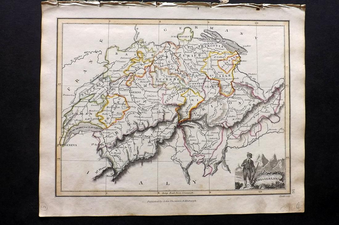 Thomson, John (Pub) 1825 Map. Switzerland: Copper Engraved Map Published 1825 by John Thomson, Edinburgh for "The Edinburgh School Atlas" by N. R. Hewitt. Maps Engraved by Hewitt. Engraved Vignette in corner. Original Outline Hand Colour. Rare