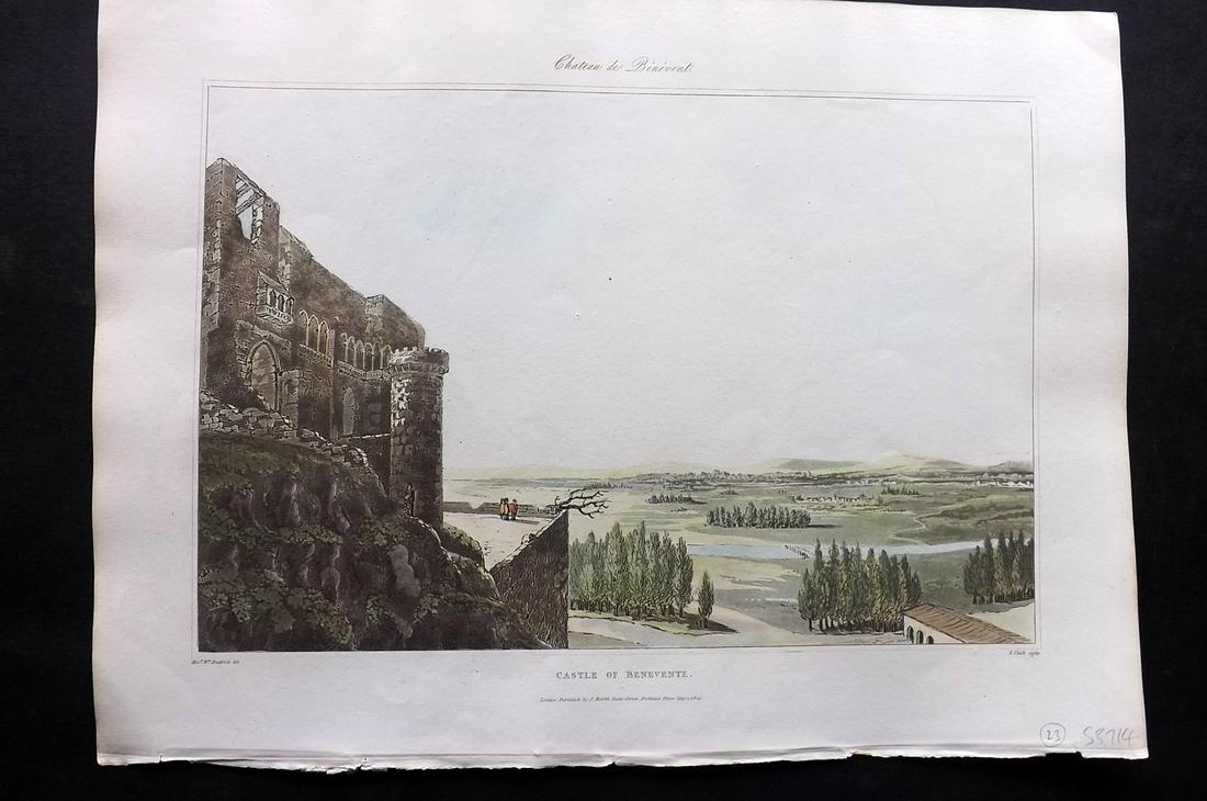 Bradford, William 1809 HC Print. Benevente, Spain: Folio Hand Colored Aquatint Published 1809, London for "Sketches of the Country, Character, and Costume in Portugal and Spain..." by Rev. William Bradford. Paper Size: 14.5 x 10.5 inch (37 x 27cm) Goo