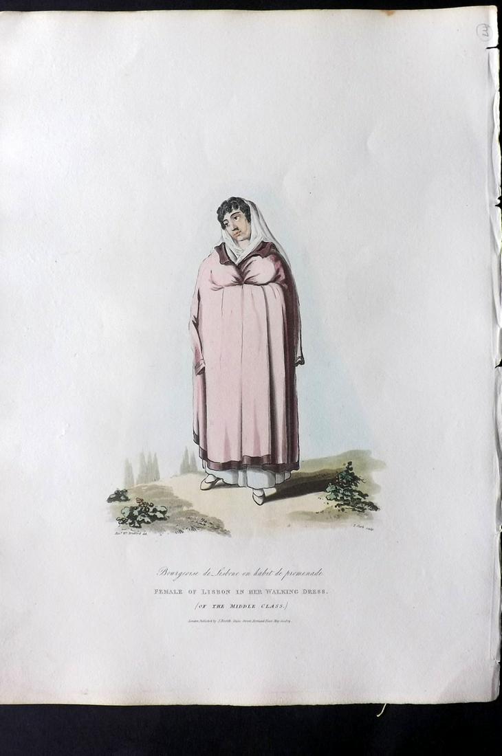 Bradford, William 1809 HC Print. Female of Lisbon: Folio Hand Colored Aquatint Published 1809, London for "Sketches of the Country, Character, and Costume in Portugal and Spain..." by Rev. William Bradford. Paper Size: 14.5 x 10.5 inch (37 x 27cm) Goo