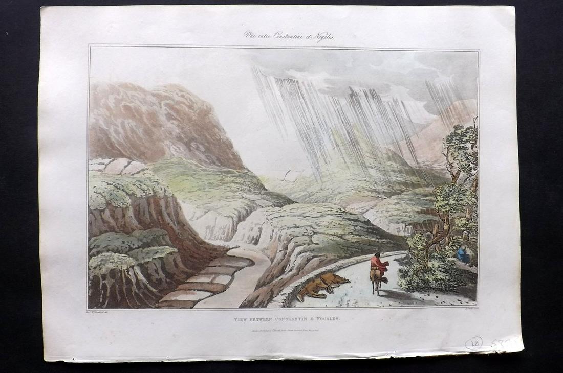 Bradford, William 1809 HC Print. View in Spain: "View between Constantin & Nogales" Folio Hand Colored Aquatint Published 1809, London for "Sketches of the Country, Character, and Costume in Portugal and Spain..." by Rev. William Bradford. Paper Si