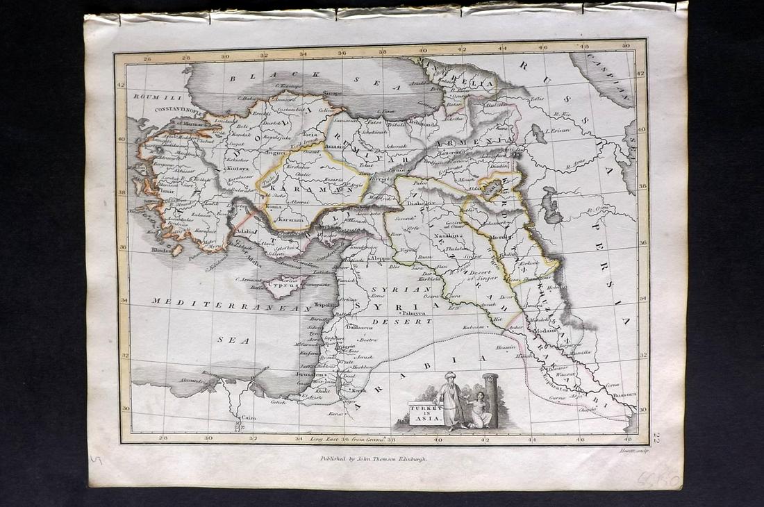 Thomson, John (Pub) 1825 Map. Turkey in Asia: Copper Engraved Map Published 1825 by John Thomson, Edinburgh for "The Edinburgh School Atlas" by N. R. Hewitt. Maps Engraved by Hewitt. Engraved Vignette in corner. Original Outline Hand Colour. Rare