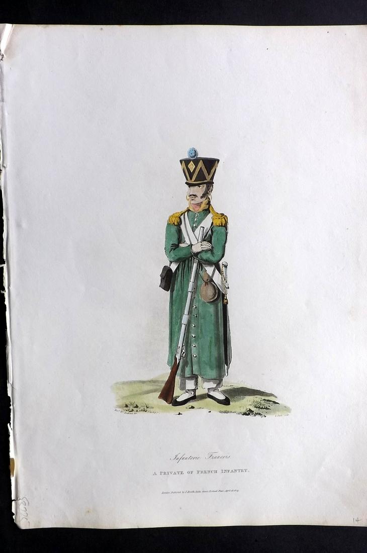Bradford, William 1809 HC Print. French Infantry: Folio Hand Colored Aquatint Published 1809, London for "Sketches of the Country, Character, and Costume in Portugal and Spain..." by Rev. William Bradford. Paper Size: 14.5 x 10.5 inch (37 x 27cm) Goo