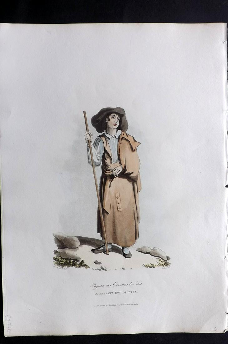 Bradford, William 1809 HC Print. Nisa Peasant, Portugal: Folio Hand Colored Aquatint Published 1809, London for "Sketches of the Country, Character, and Costume in Portugal and Spain..." by Rev. William Bradford. Paper Size: 14.5 x 10.5 inch (37 x 27cm) Goo