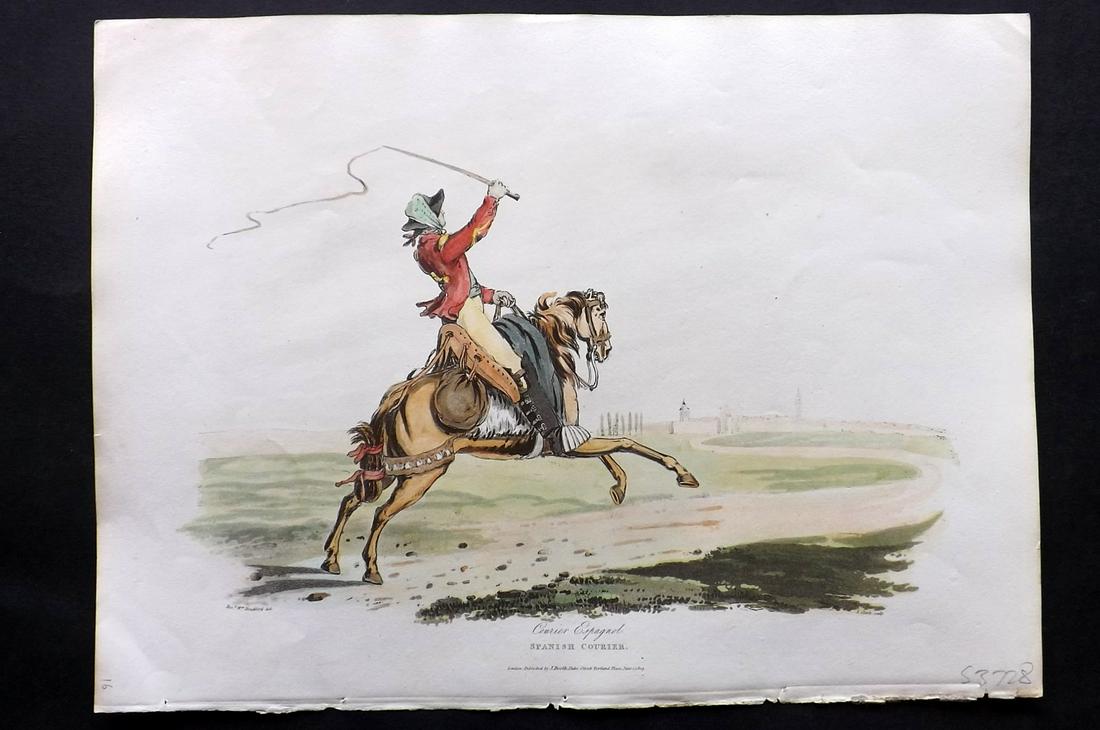 Bradford, William 1809 HC Print. Spanish Courier: Folio Hand Colored Aquatint Published 1809, London for "Sketches of the Country, Character, and Costume in Portugal and Spain..." by Rev. William Bradford. Paper Size: 14.5 x 10.5 inch (37 x 27cm) Goo