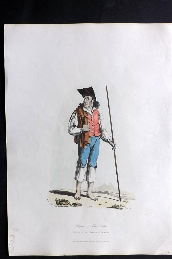 Bradford, William 1809 HC Print. Torres Vedras Portugal: Folio Hand Colored Aquatint Published 1809, London for "Sketches of the Country, Character, and Costume in Portugal and Spain..." by Rev. William Bradford. Paper Size: 14.5 x 10.5 inch (37 x 27cm) Goo