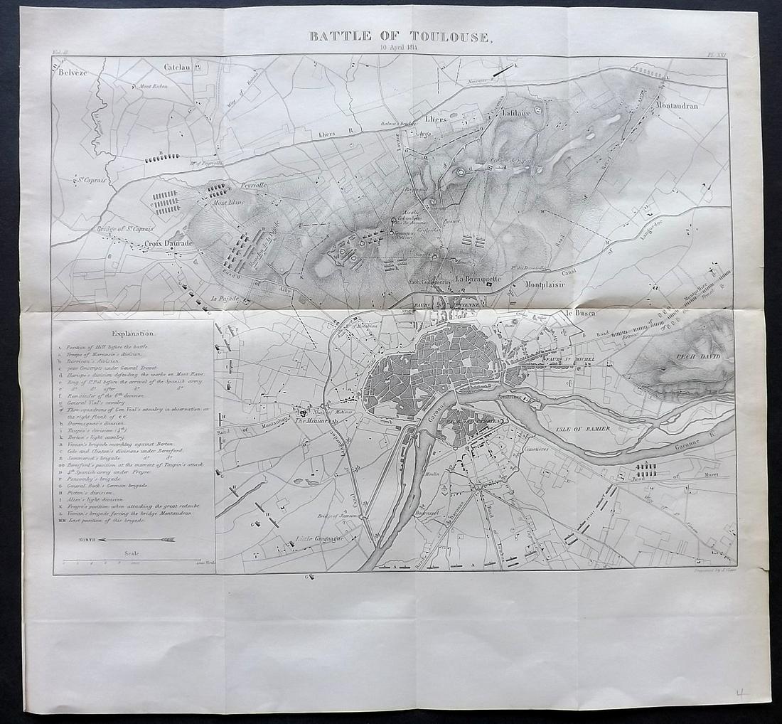 Greig, G. R. 1858 Wellington Map. Battle of Toulouse: Steel Engraved Map Published 1858, London for "History of the Life of Arthur Duke of Wellington" by the Rev. G. R. Gleig. Folds as issued. Paper Size: 16 x 14.5 inch (40 x 37cm) Good Condition
