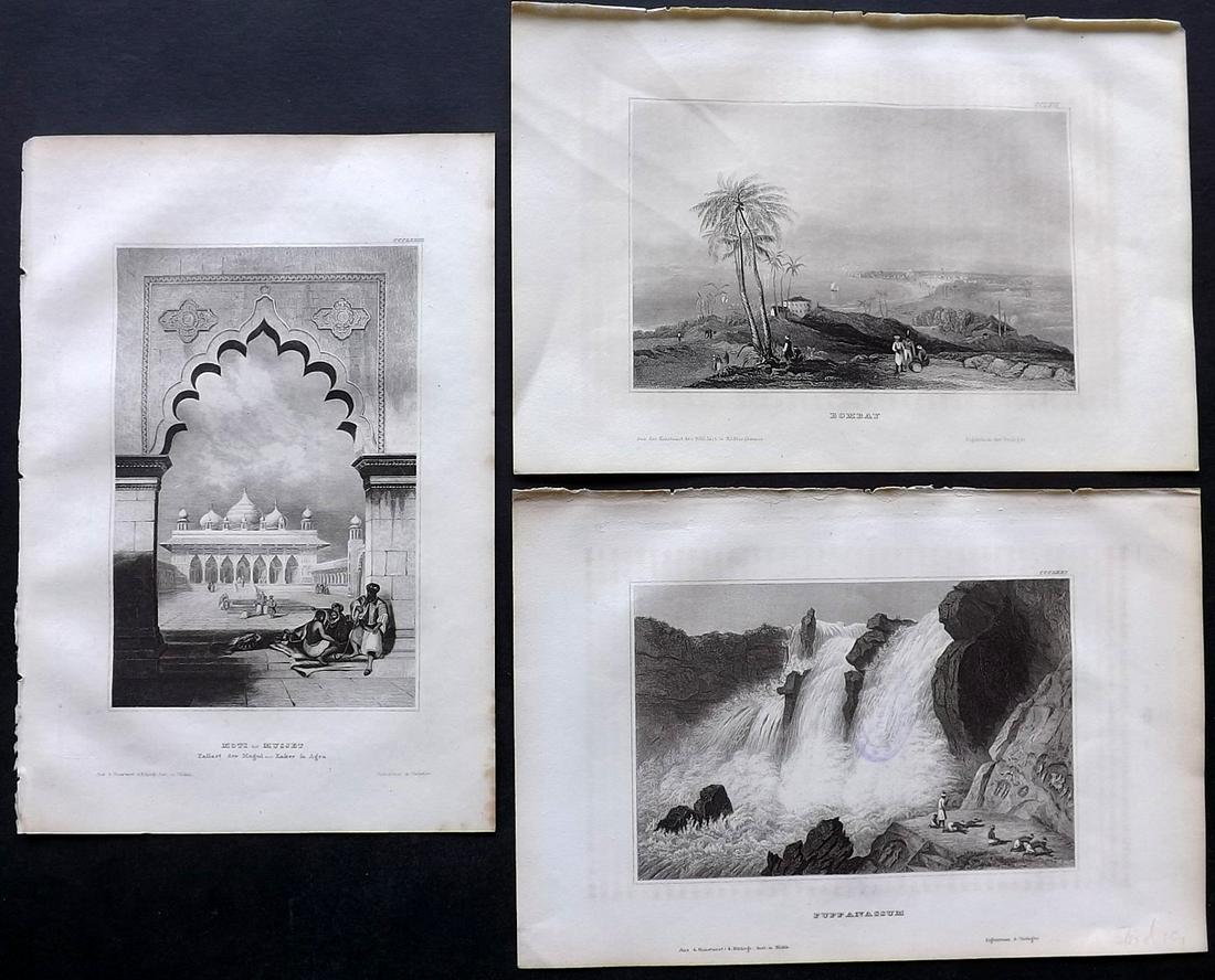 Meyer, Joseph 1858 Lot of 3 Engraved Views. India: Steel Engraving Published 1833-61 [1858] Hildburghausen, Germany for "Meyer's Universum" by Joseph Meyer. Paper Size: 9 x 6 inch (23 x 16cm) Approx. All with Ink library stamp to reverse, showing thro