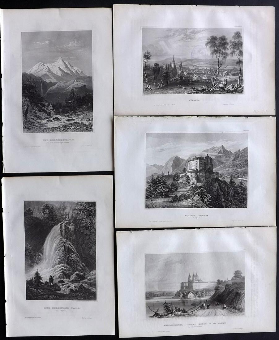 Meyer, Joseph 1858 Lot of 5 Engraved Views. Austria: Steel Engraving Published 1833-61 [1858] Hildburghausen, Germany for "Meyer's Universum" by Joseph Meyer. Paper Size: 9 x 6 inch (23 x 16cm) Approx. All with Ink library stamp to reverse, showing thro