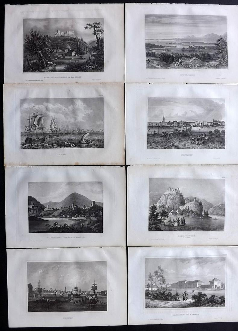 Meyer, Joseph 1858 Lot of 8 Engraved Views. Germany: Steel Engraving Published 1833-61 [1858] Hildburghausen, Germany for "Meyer's Universum" by Joseph Meyer. Paper Size: 9 x 6 inch (23 x 16cm) Approx. All with Ink library stamp to reverse, showing thro